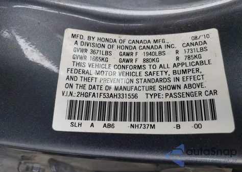 2010 Honda Civic Lx z USA, uszkodzony, nr VIN 2HGFA1F53AH331556